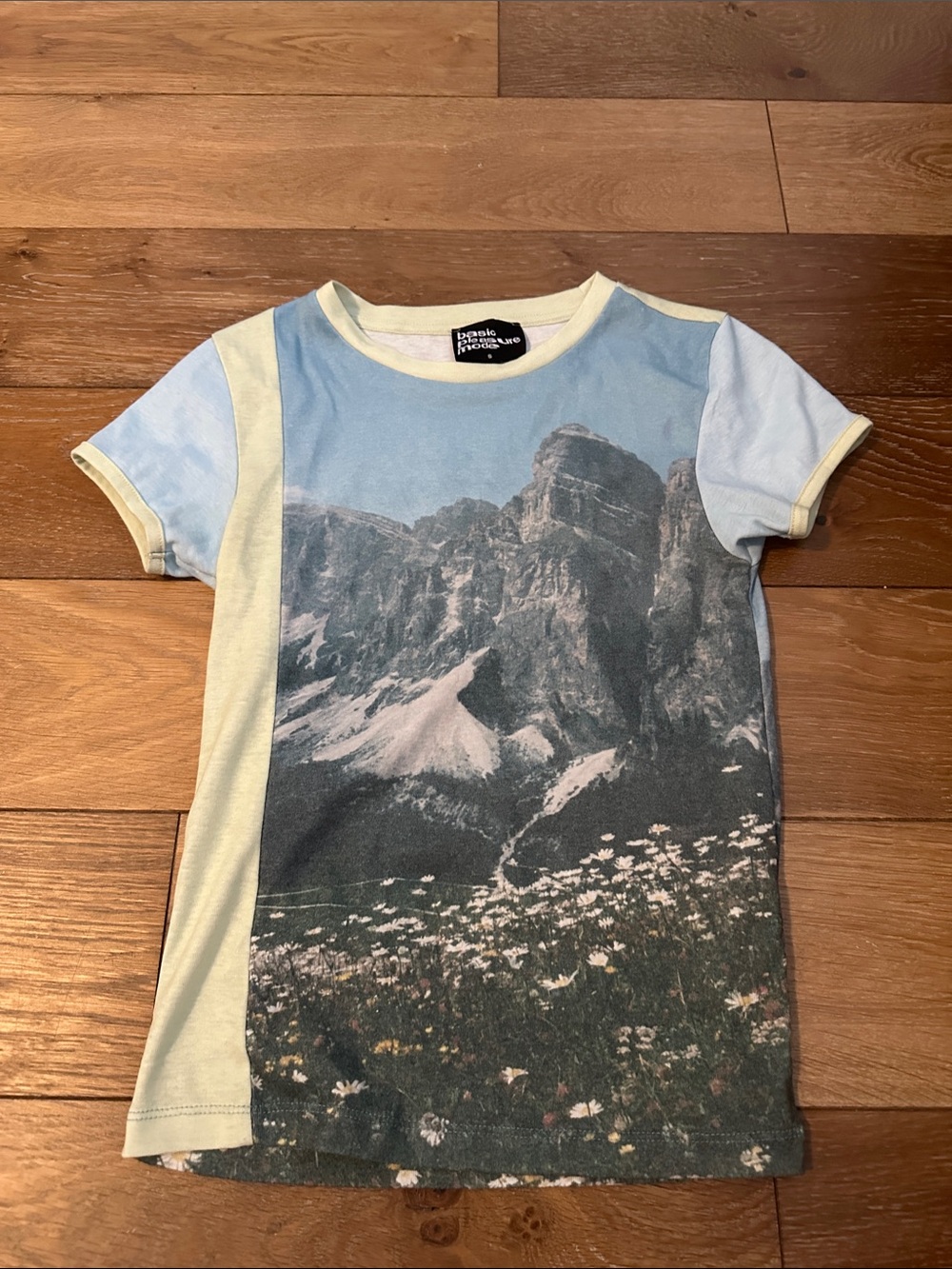 Mountain Photo Baby Tee in Light Blue & Cream